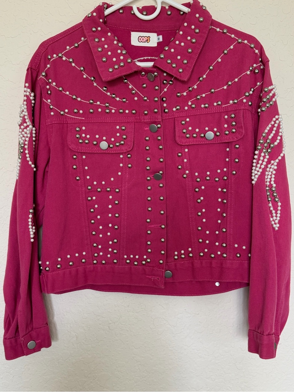 OOPS Hot Pink Pearl Studded Statement Jacket Size M
